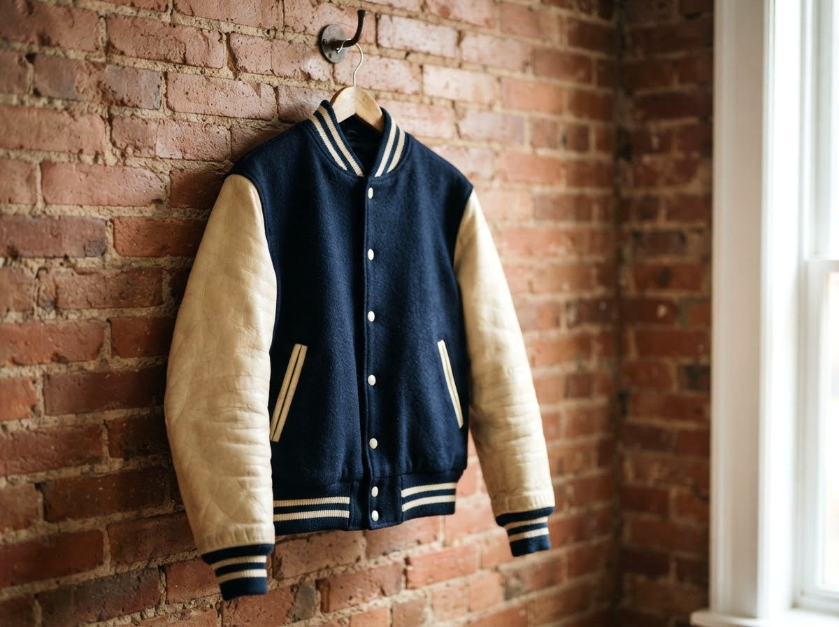 Veste teddy varsity bleu marine et manches cuir crème sur cintre devant un mur de briques