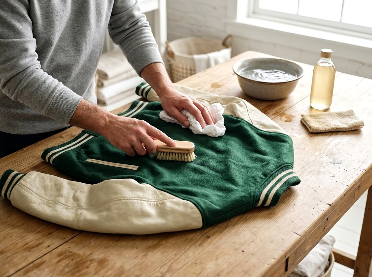 Nettoyage d’un blouson teddy avec une brosse douce et un chiffon humide
