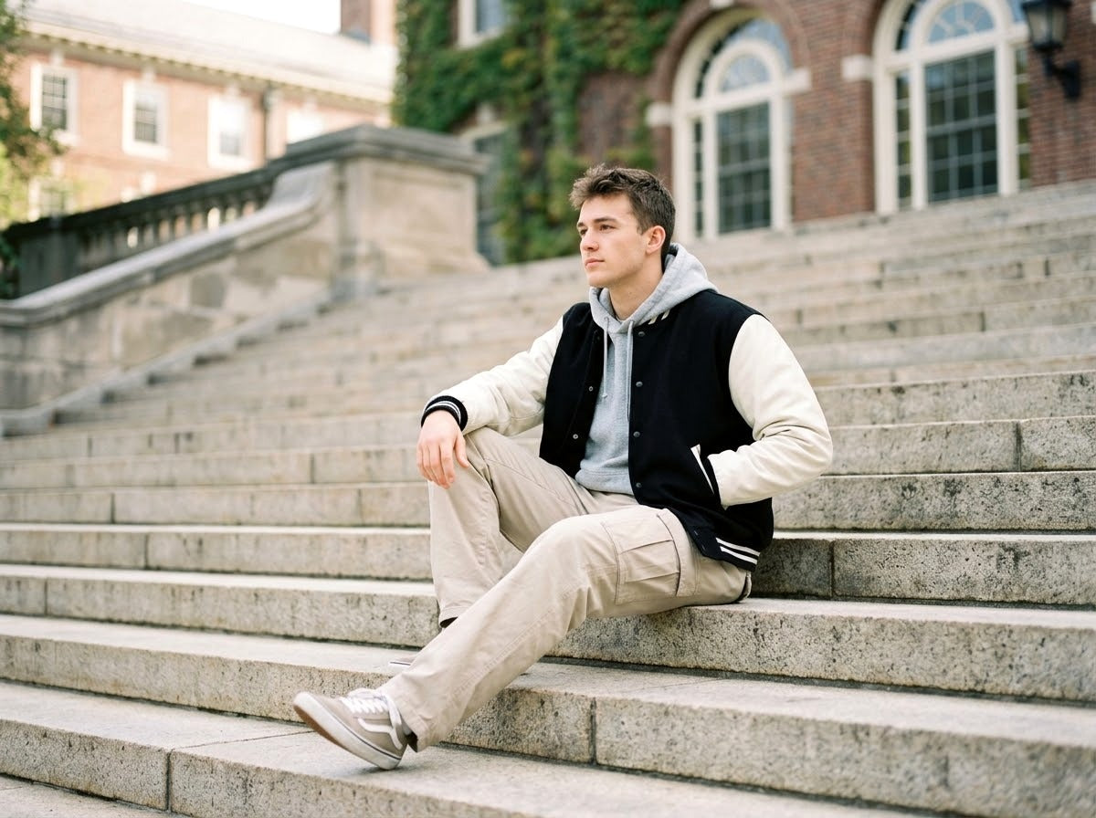 Homme en veste universitaire noire et blanche assis sur les marches d’un campus