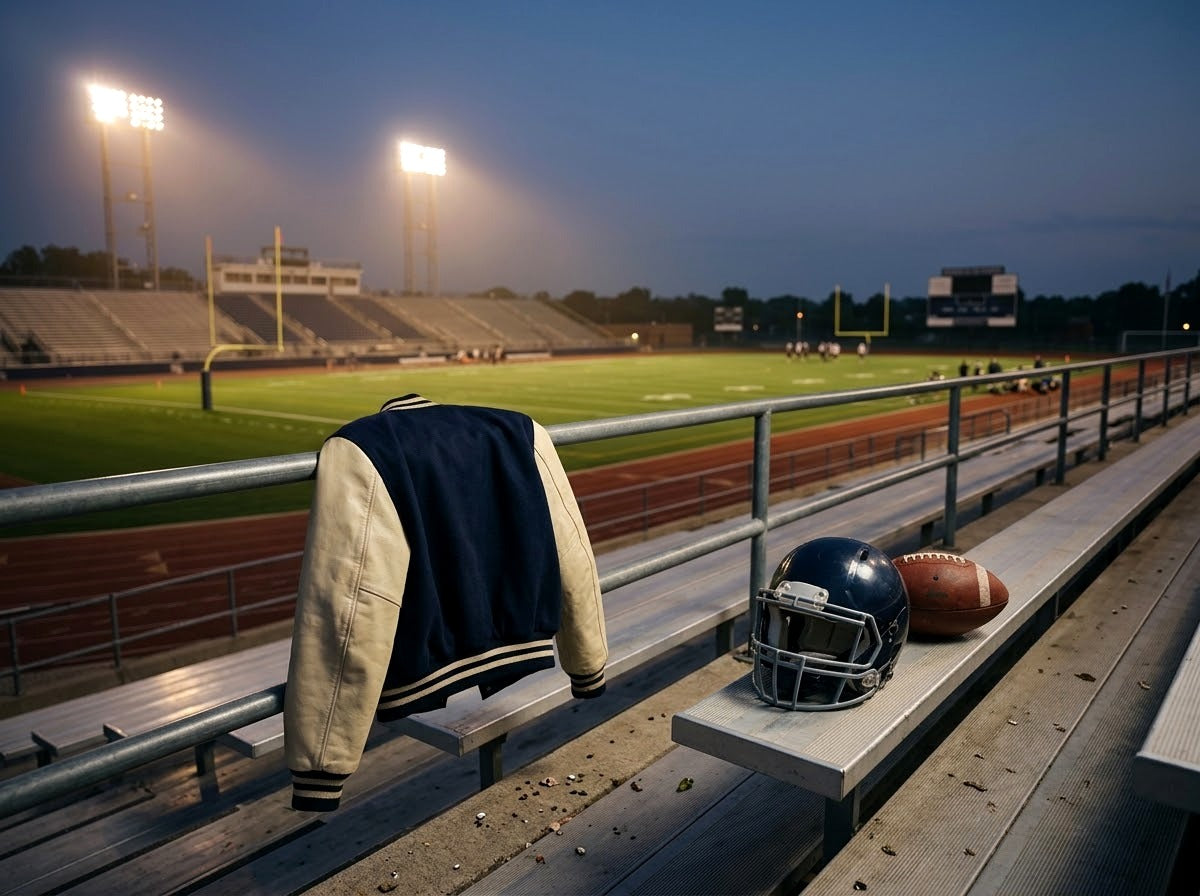 Veste de football américain sur les gradins d’un stade au crépuscule