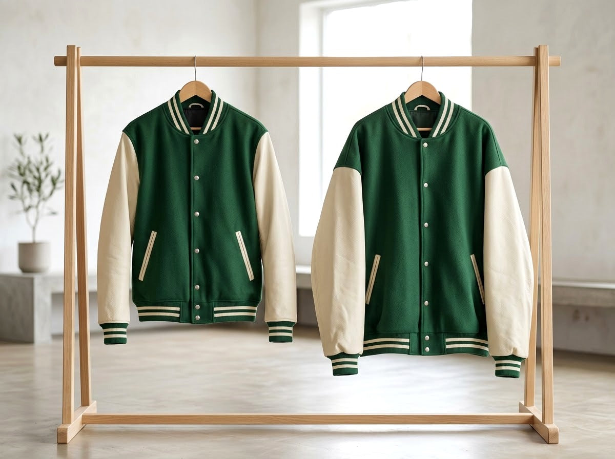 Deux vestes teddy vertes de tailles différentes sur un portant en bois