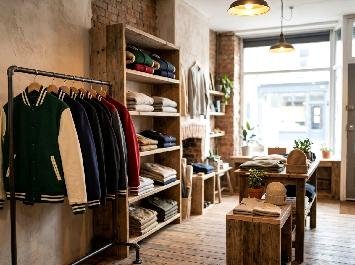 Boutique streetwear avec des blousons teddy sur portant et étagères