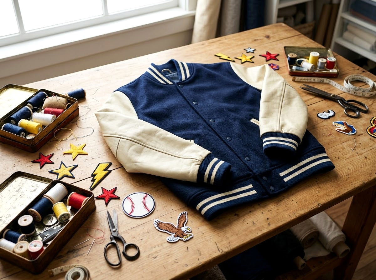 Veste teddy à plat entourée de patchs brodés et d’un kit de couture