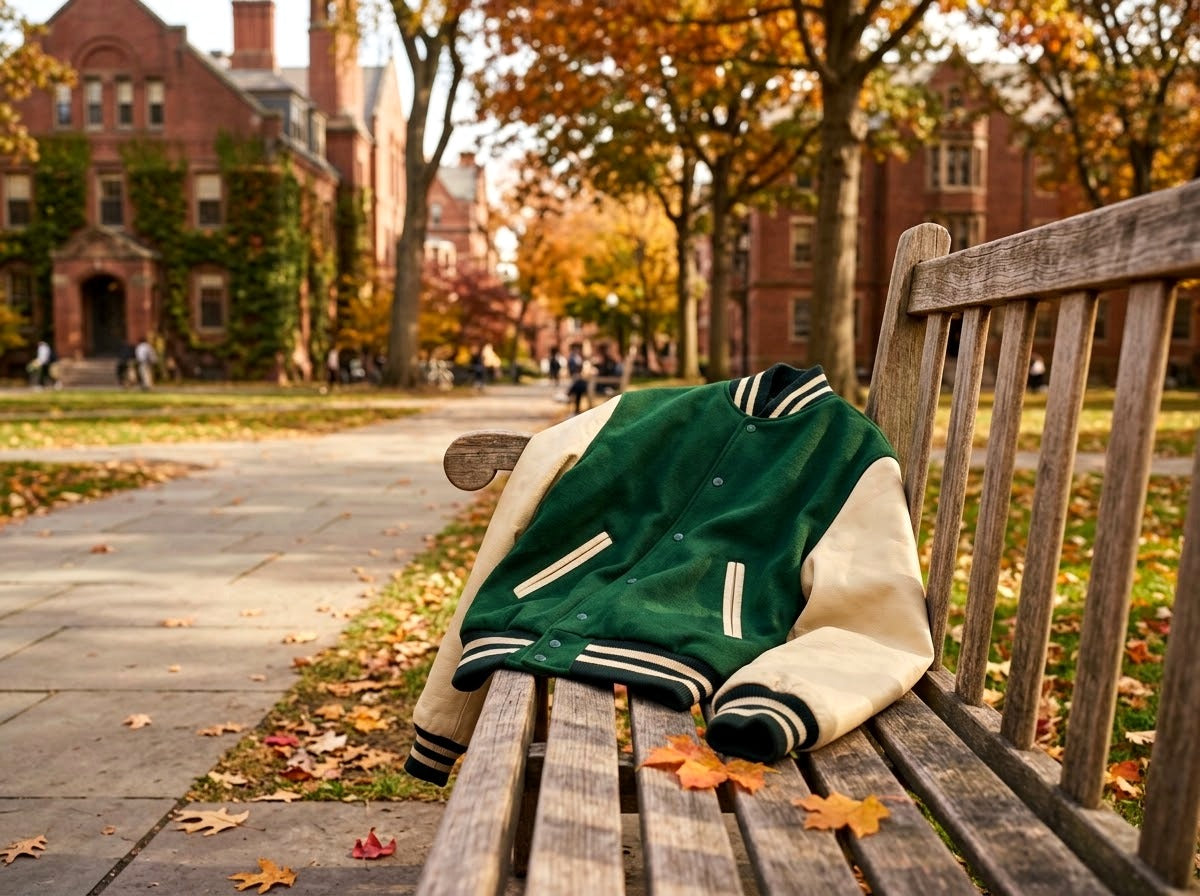 Varsity jacket sur un banc d’un campus universitaire américain en automne