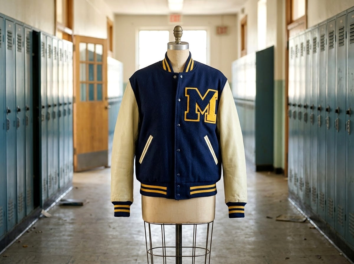 Letterman jacket avec grande lettre chenille sur un mannequin dans un couloir de lycée américain