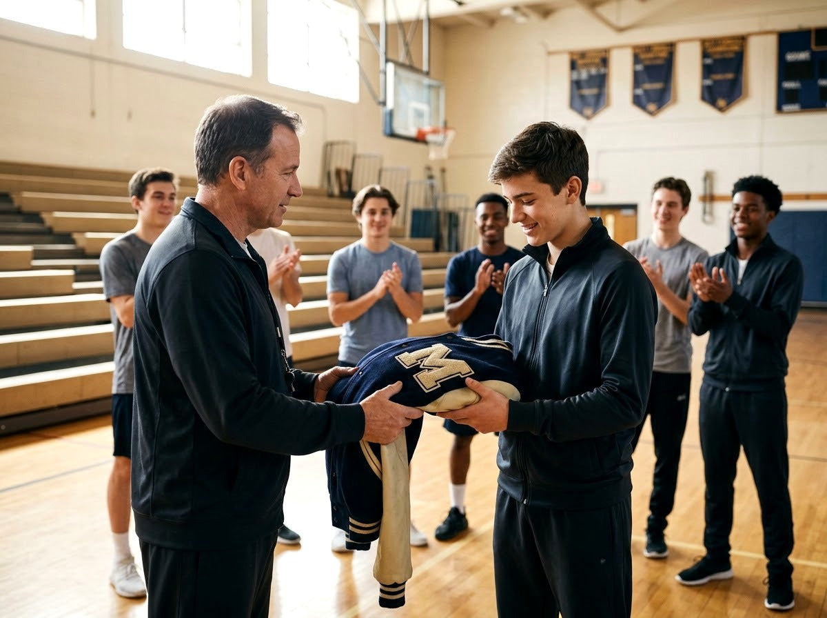 Entraîneur remettant une letterman jacket à un jeune athlète dans un gymnase