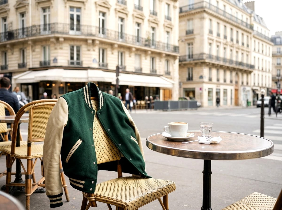Varsity jacket posée sur une chaise de terrasse de café parisien
