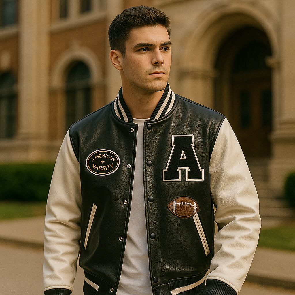 homme portant une leather jacket varsity