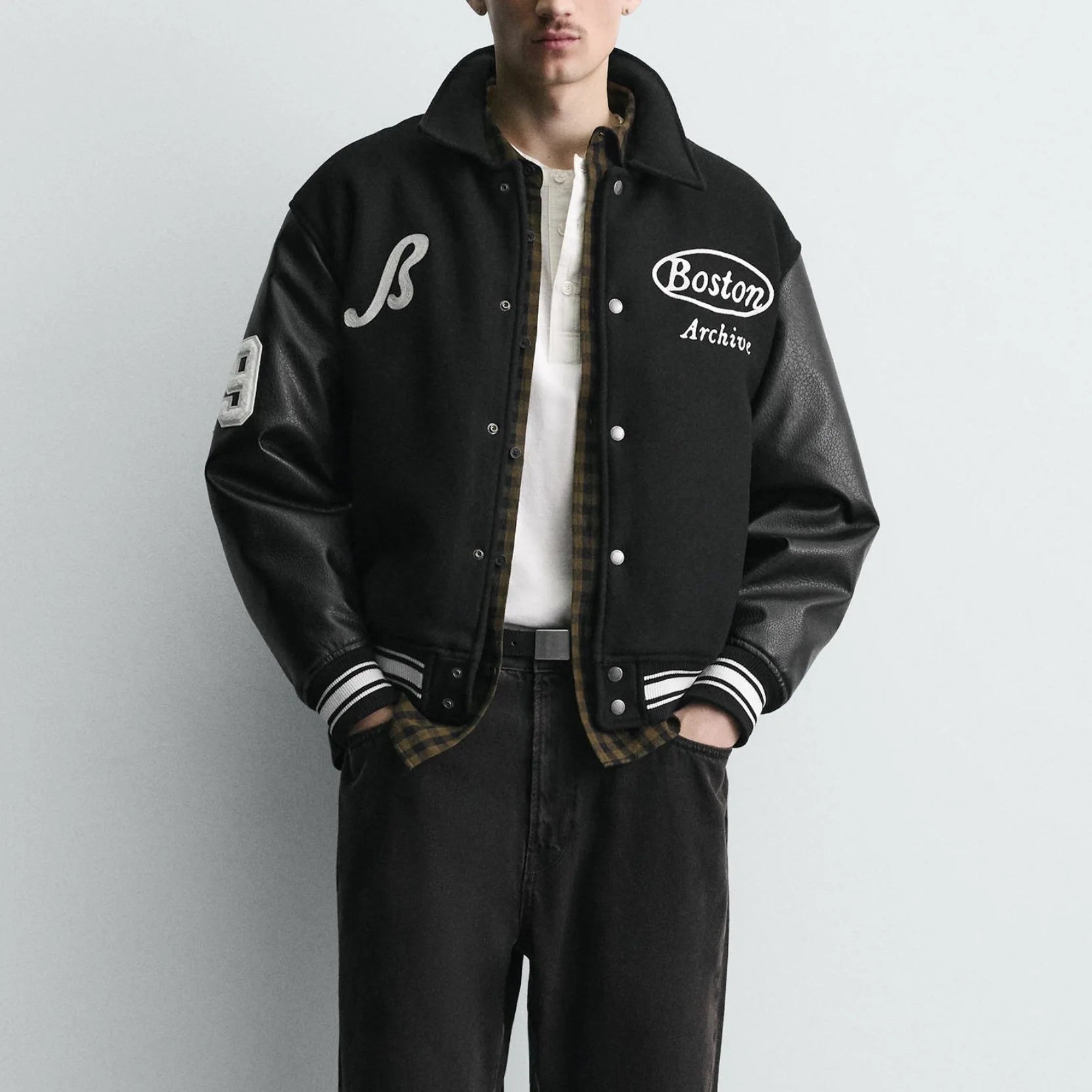 Veste Baseball Brodée Noire Premium Homme | Blouson Teddy Varsity Jacket Universitaire Style US