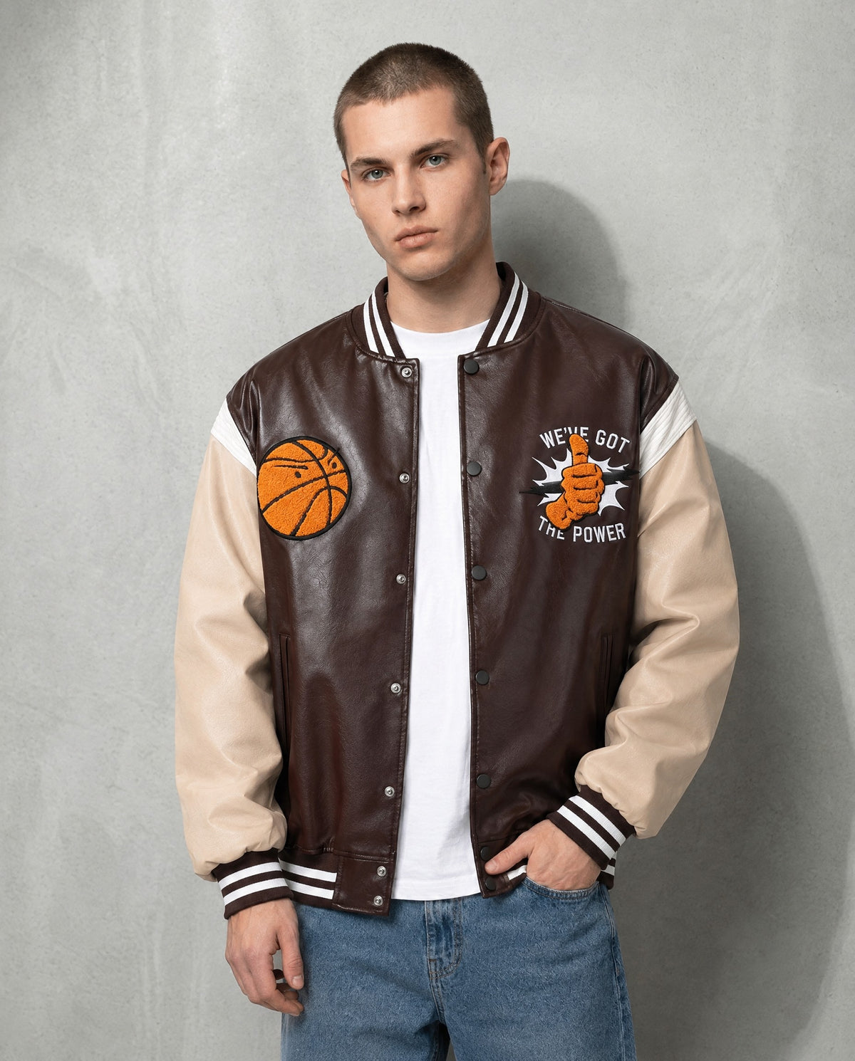 Blouson Teddy Cuir marron foncé porté