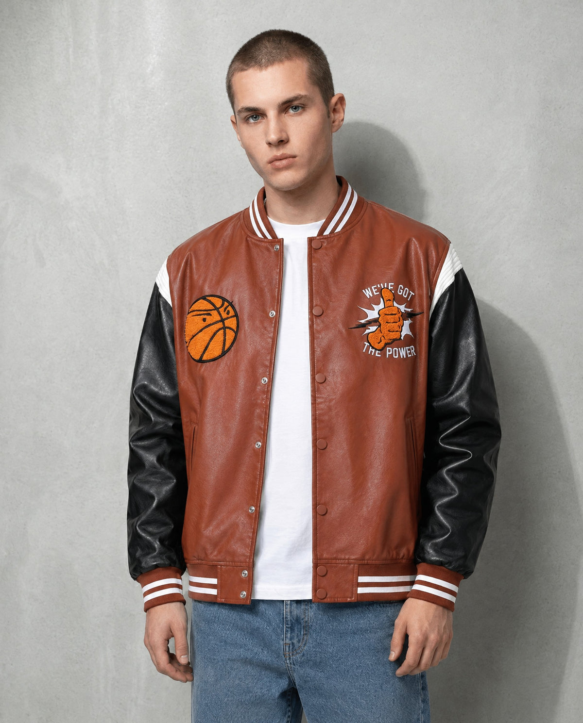Blouson Teddy Cuir marron porté
