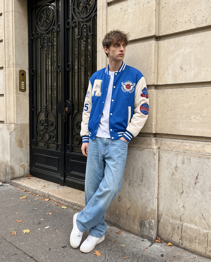 Varsity Jacket Bleu Homme – look lifestyle 1