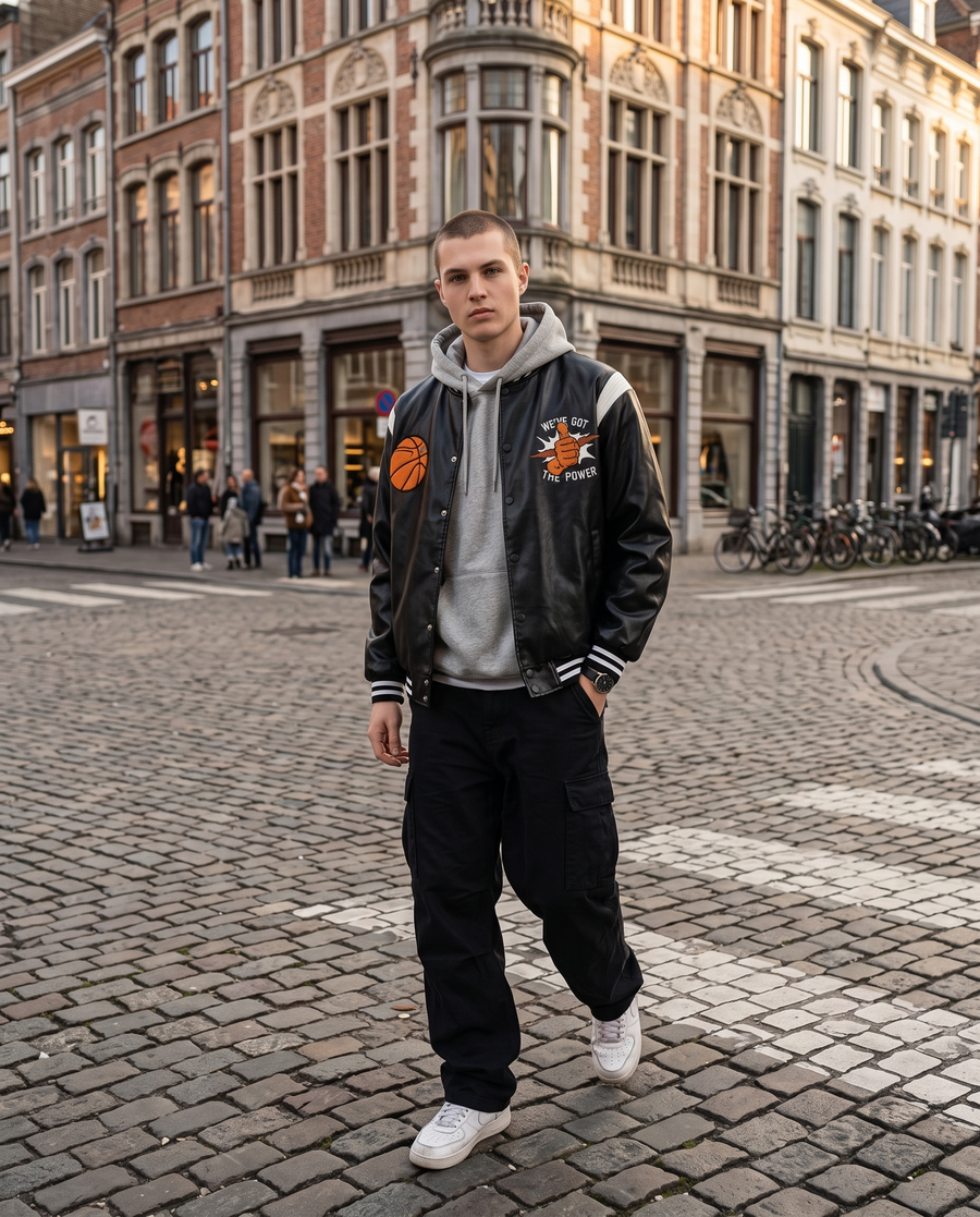 Men's Faux-Leather-Sleeve Teddy Jacket | Vintage US Letterman Varsity Baseball Jacket