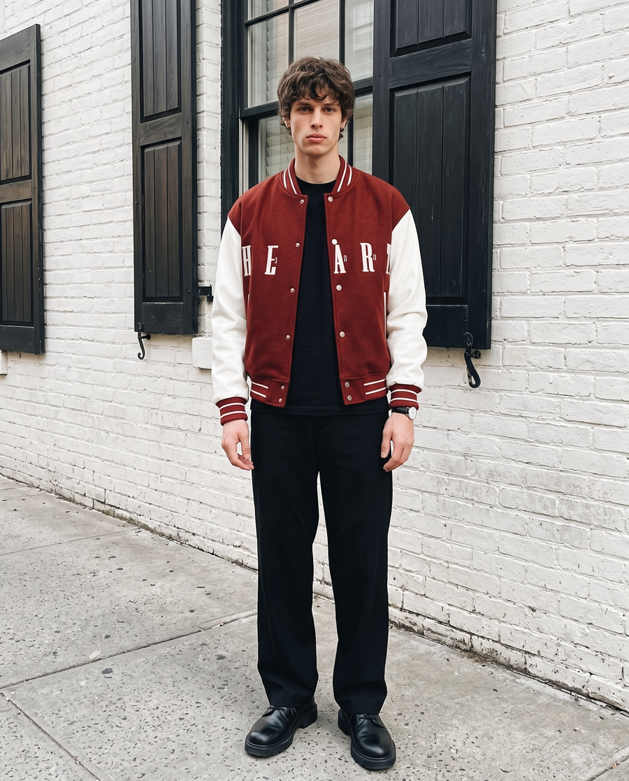 Men's Red University Jacket | Vintage US Streetwear Varsity Teddy Jacket