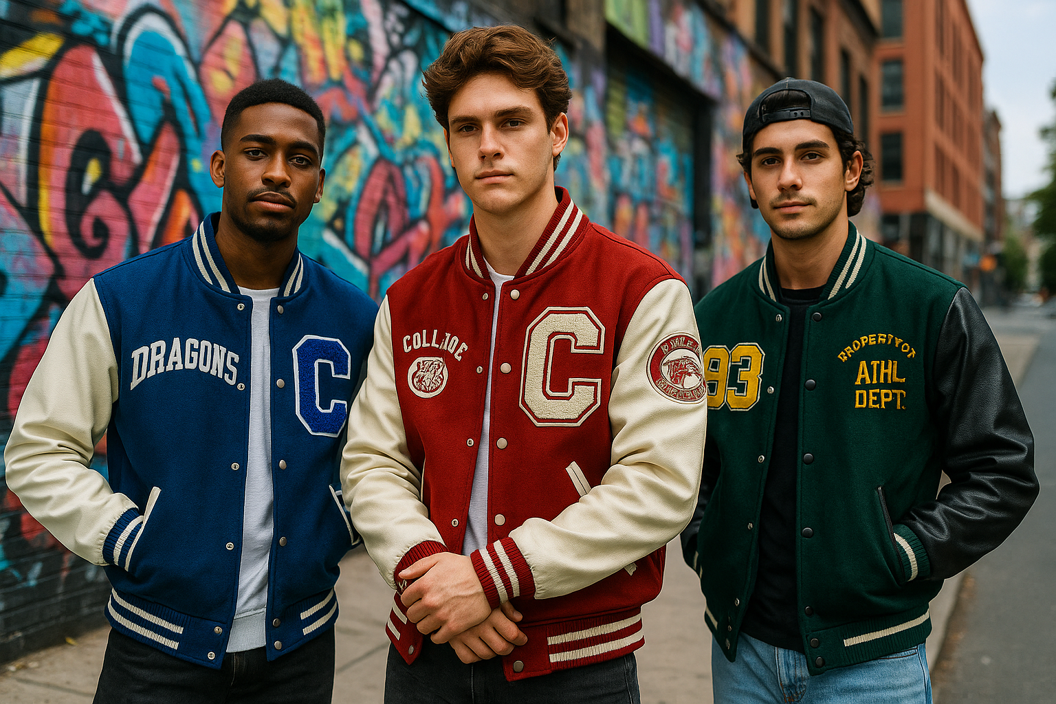 trois lycéens portant une varsity jacket