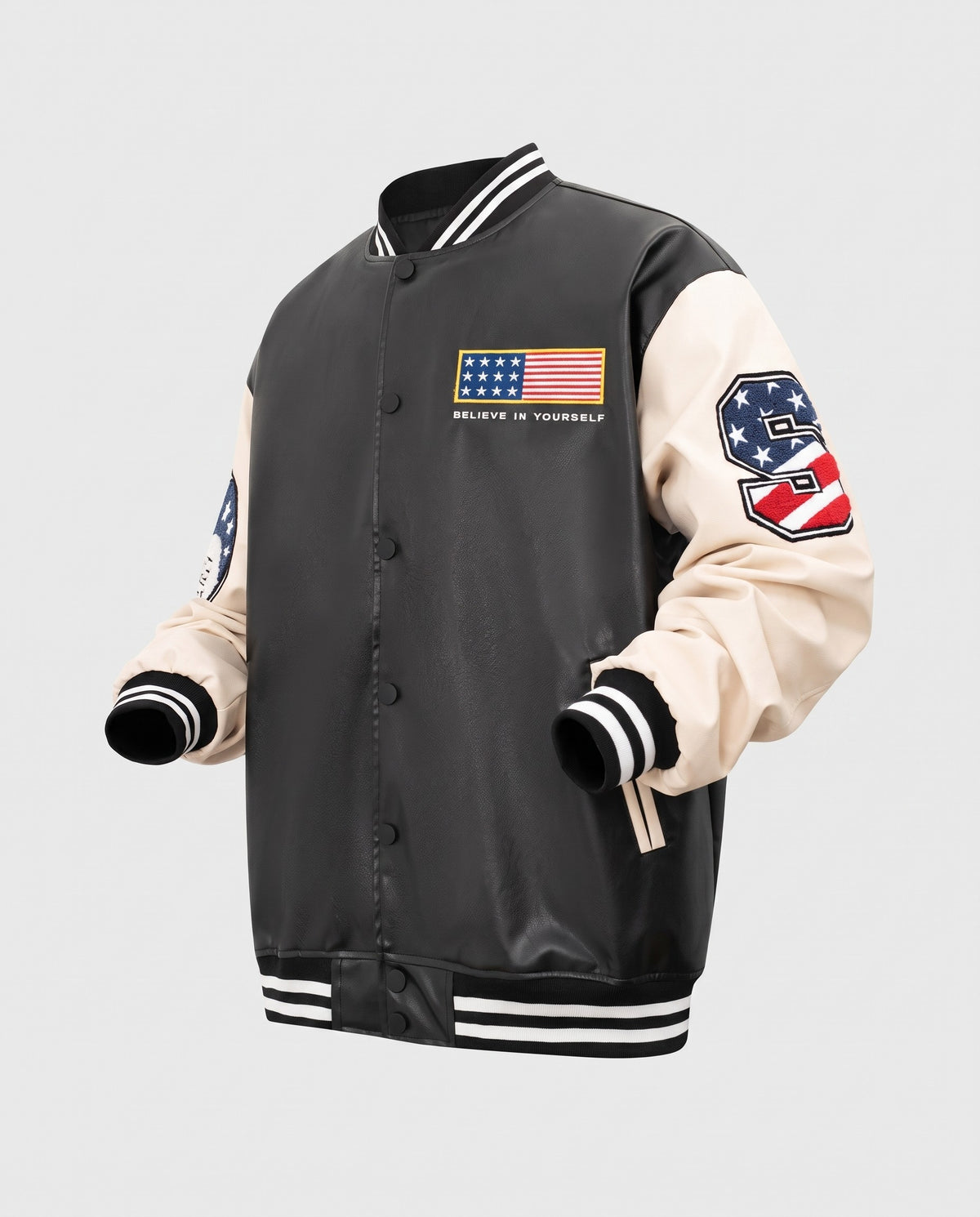 Veste Baseball Cuir noire à plat