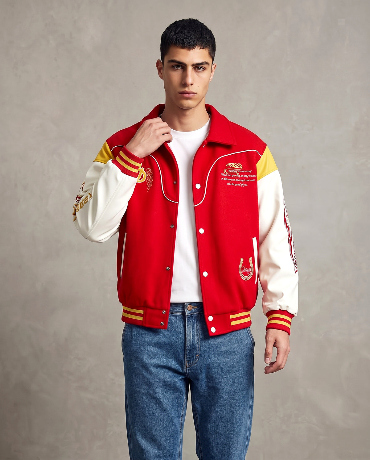 Veste baseball oversize rouge portée