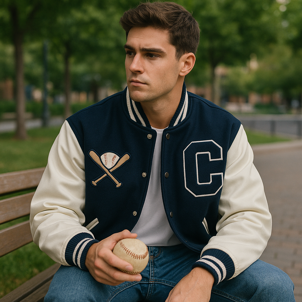 etudiant assis sur un banc portant une veste baseball