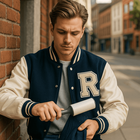  homme qui enlève les peluches d'une veste universitaire