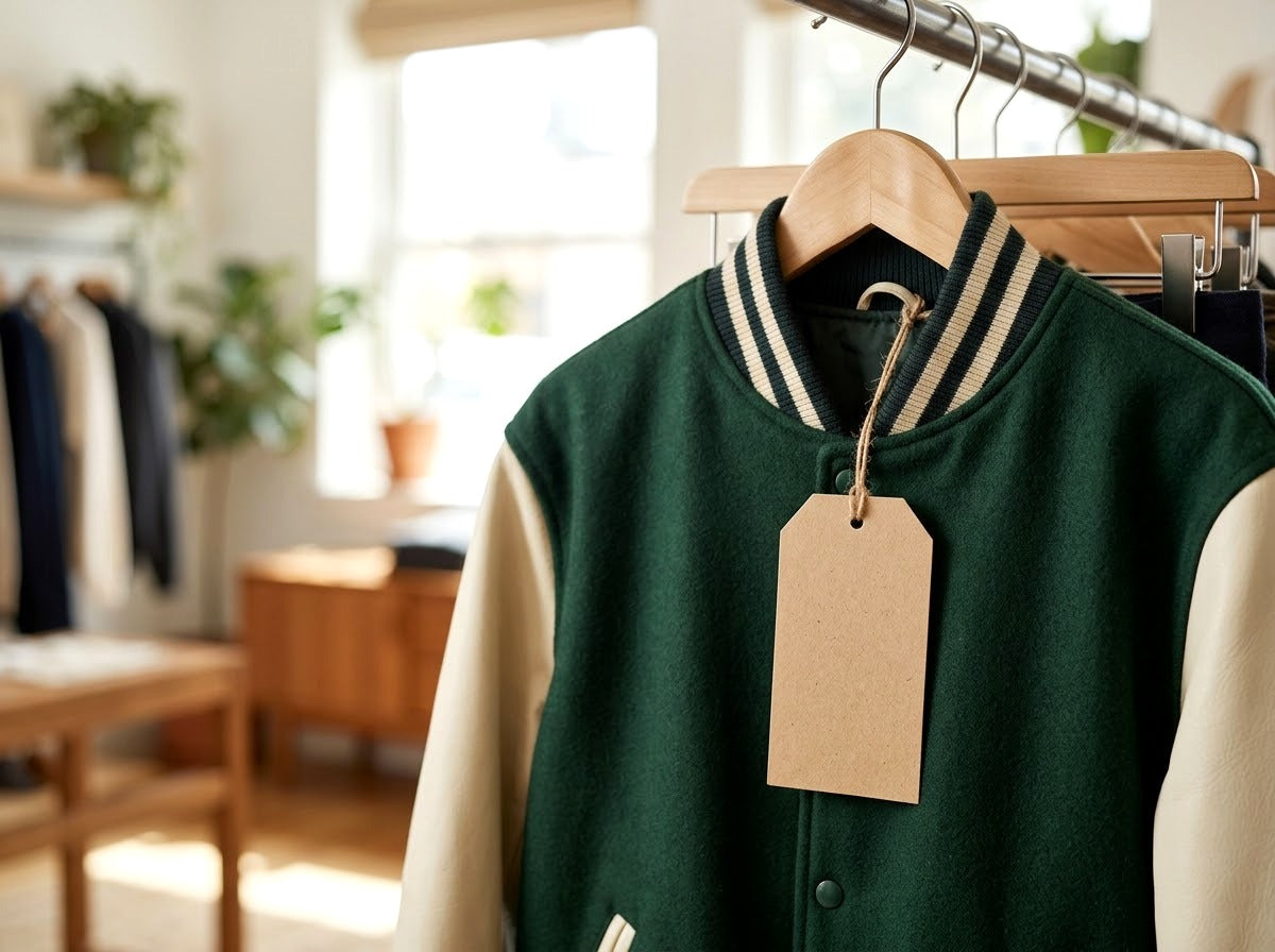 Veste teddy sur cintre avec une étiquette de prix en papier kraft