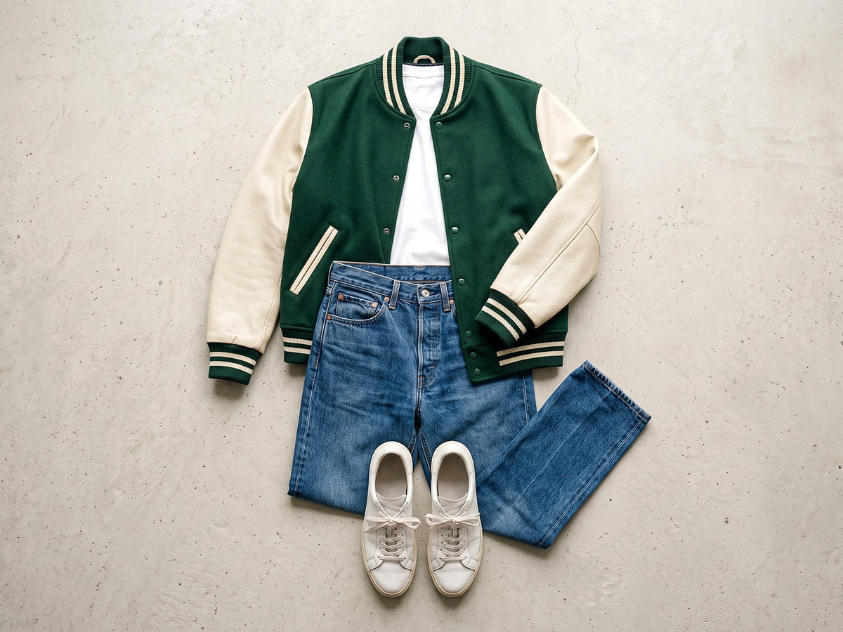 Tenue à plat : veste teddy verte, t-shirt blanc, jean et baskets blanches