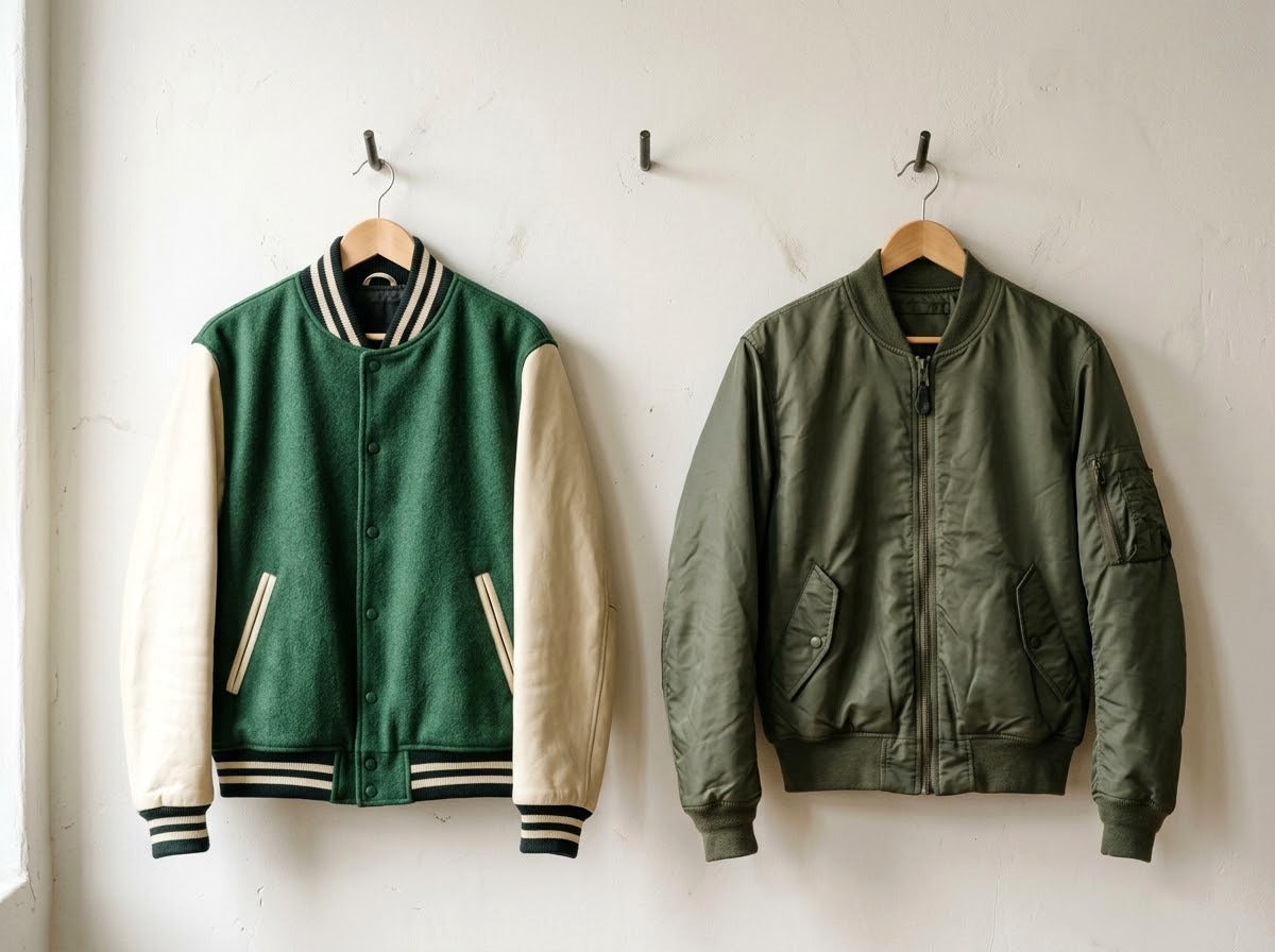 Veste teddy en laine et cuir à côté d’un bomber en nylon kaki