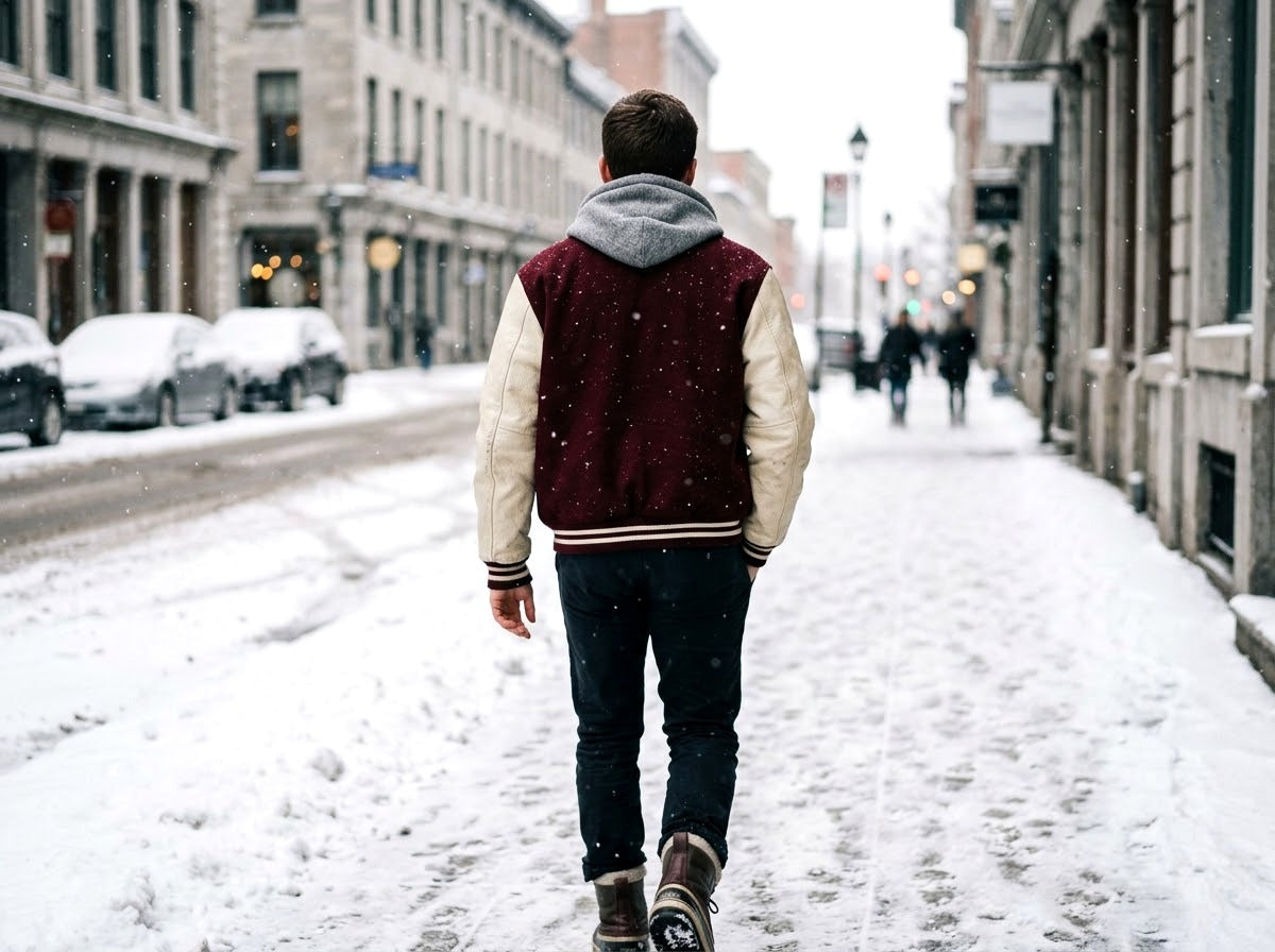 Homme de dos en veste teddy bordeaux dans une rue enneigée en hiver