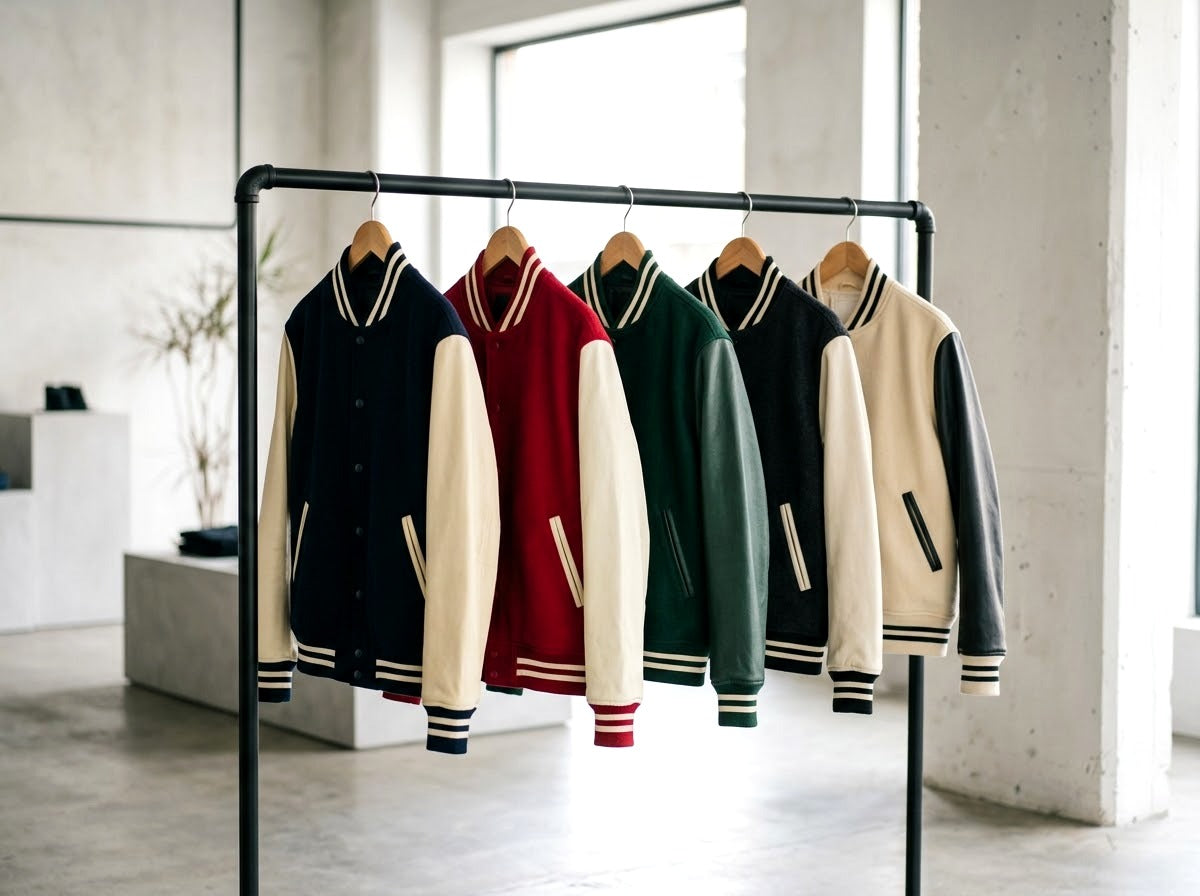 Portant de vestes universitaires de plusieurs couleurs dans un concept store