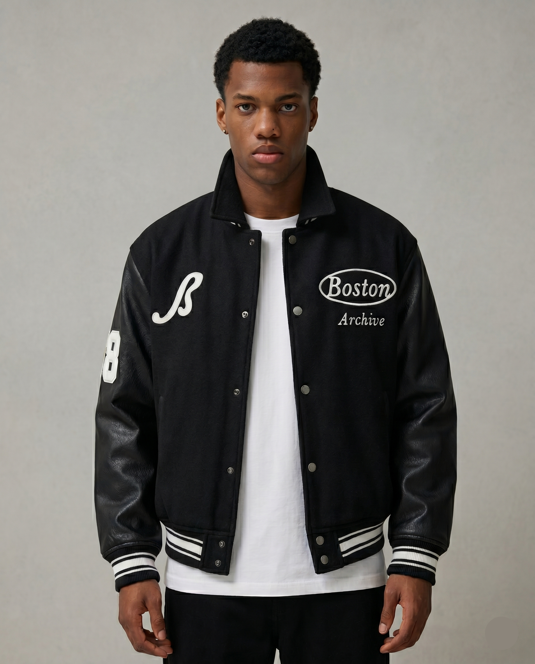 Veste Baseball Brodée Noire Premium Homme | Blouson Teddy Varsity Jacket Universitaire Style US