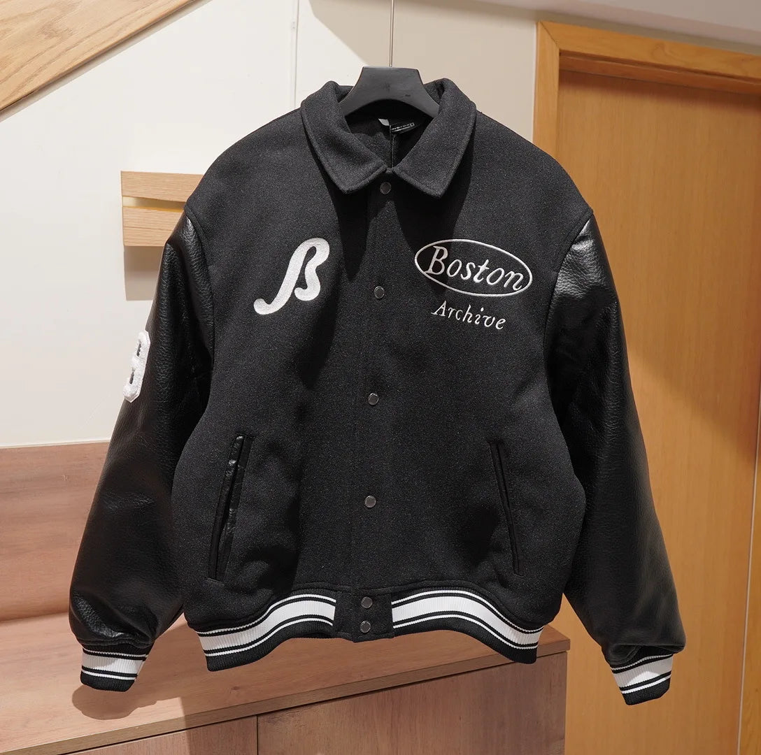Veste Baseball Brodée Noire Premium Homme | Blouson Teddy Varsity Jacket Universitaire Style US