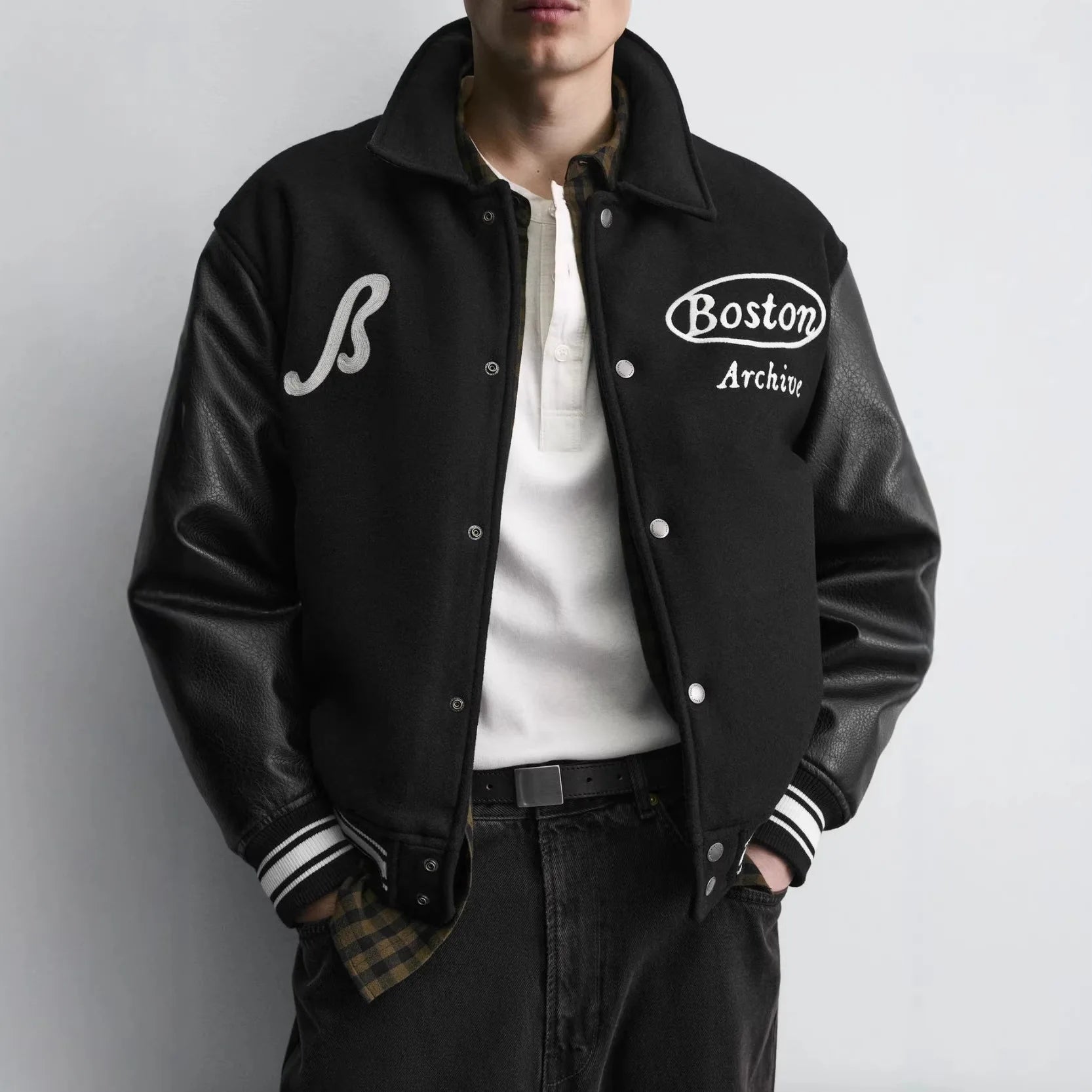 Veste Baseball Brodée Noire Premium Homme | Blouson Teddy Varsity Jacket Universitaire Style US