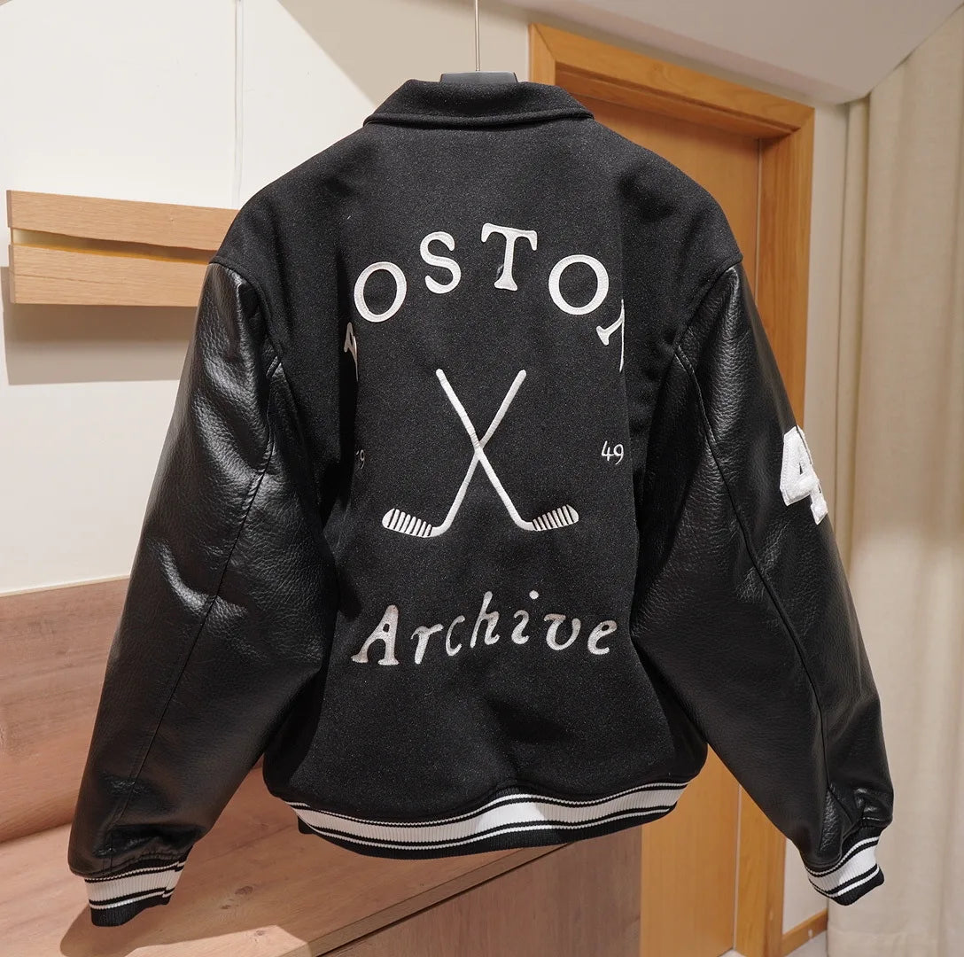Veste Baseball Brodée Noire Premium Homme | Blouson Teddy Varsity Jacket Universitaire Style US