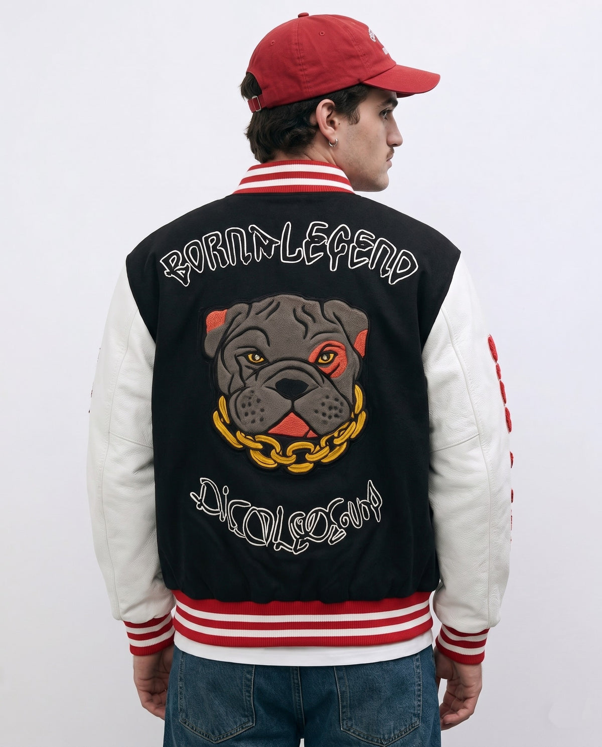 Blouson baseball homme noir vue de dos avec broderie