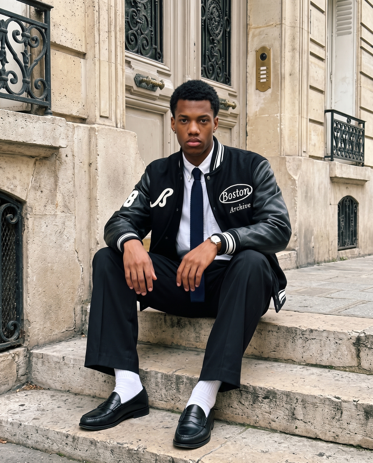 Veste Baseball Brodée Noire Premium Homme – look lifestyle 2