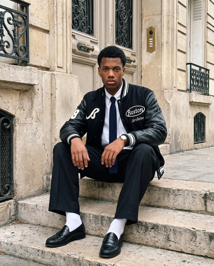 Veste Baseball Brodée Noire Premium Homme – look lifestyle 2