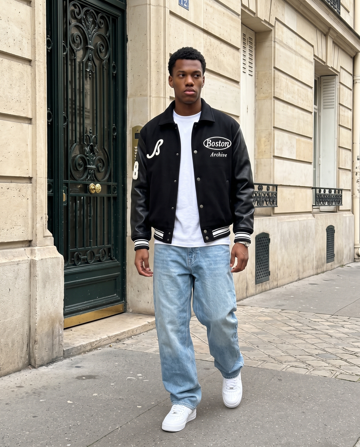 Veste Baseball Brodée Noire Premium Homme – look lifestyle 1