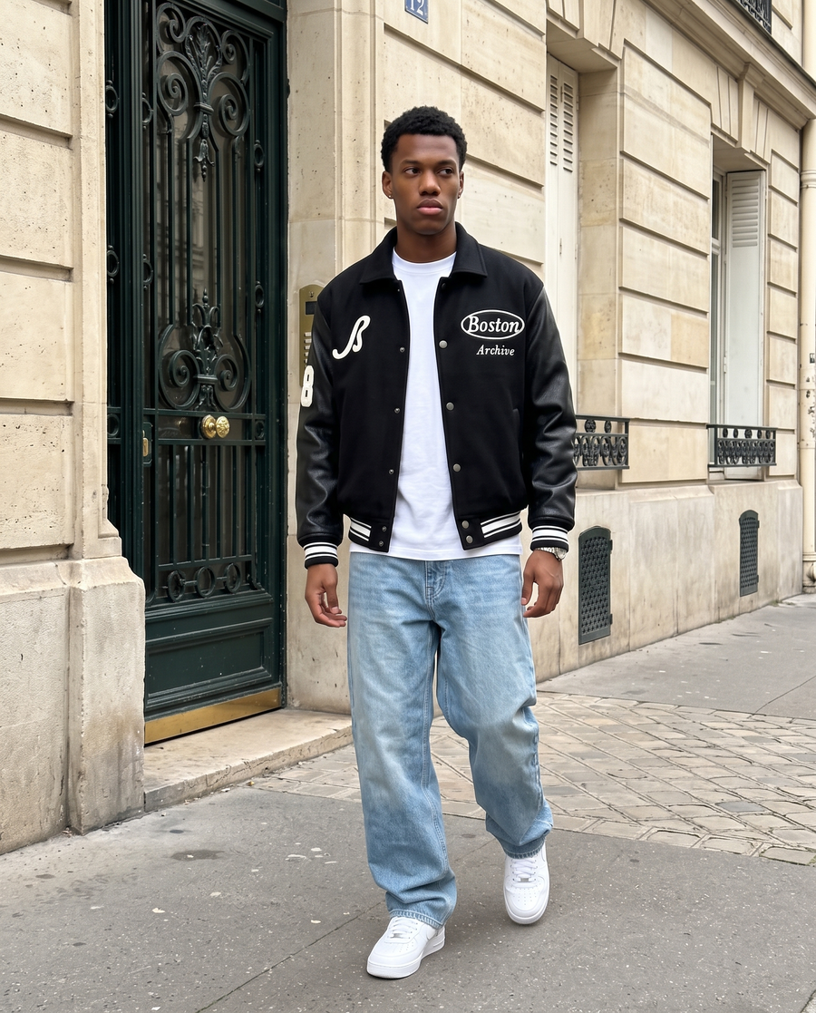 Veste Baseball Brodée Noire Premium Homme | Blouson Teddy Varsity Jacket Universitaire Style US