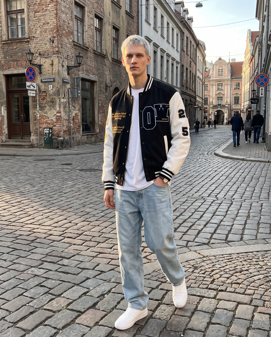 Veste Americaine Noire Homme | Varsity Jacket Veste Teddy Universitaire Streetwear US