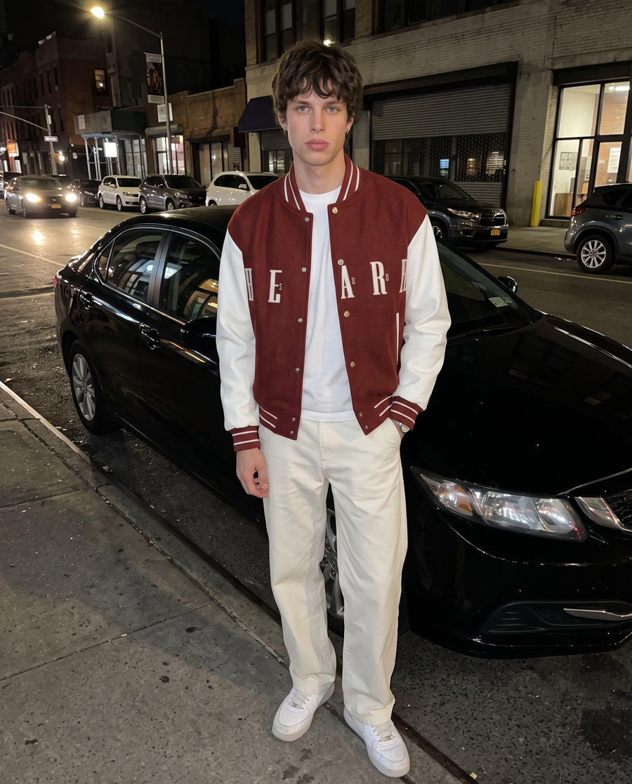 Men's Red University Jacket | Vintage US Streetwear Varsity Teddy Jacket