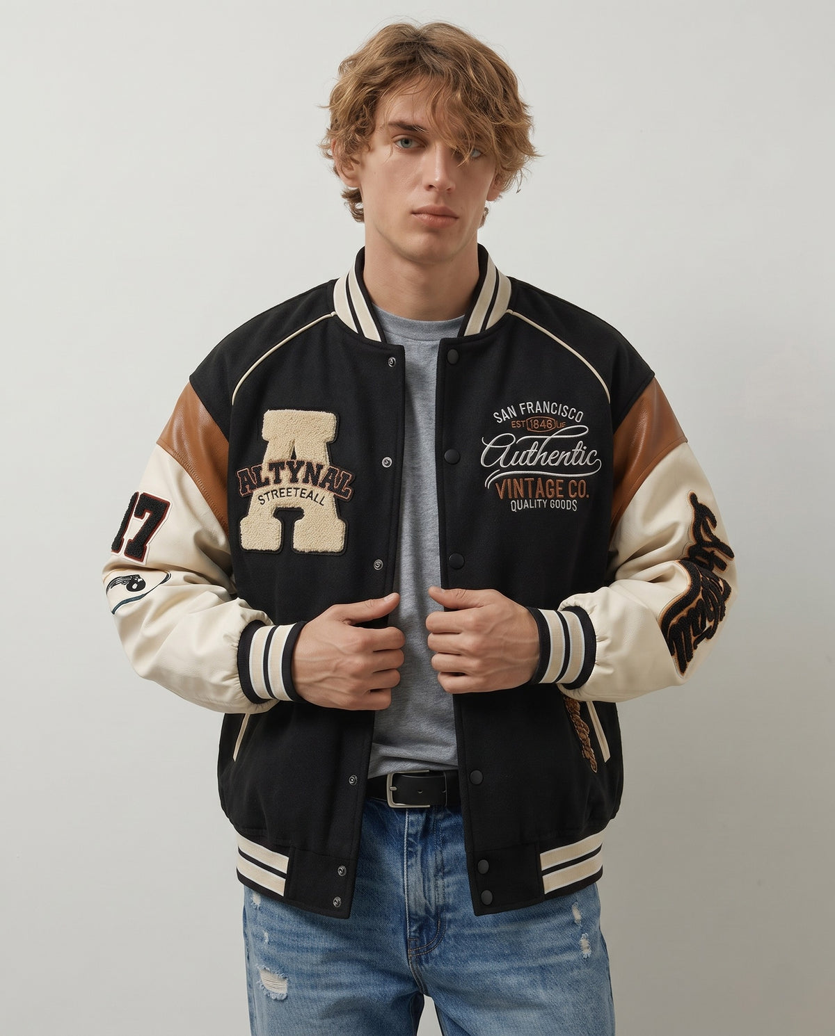 Varsity Jacket Vintage noire portée