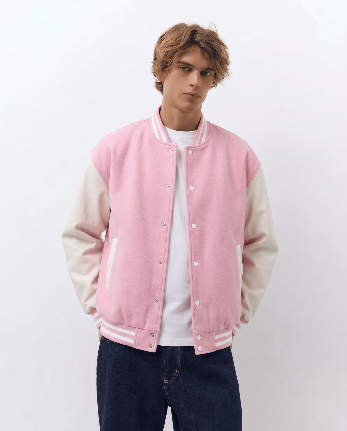 Veste de baseball homme rose portée