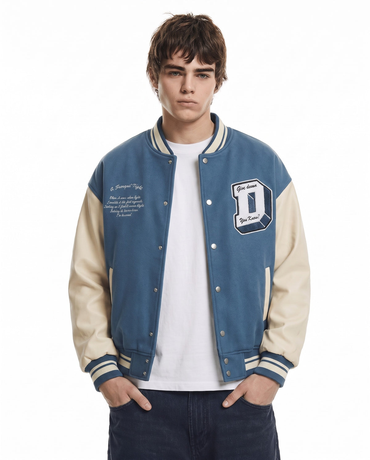 Varsity jacket bleue portée