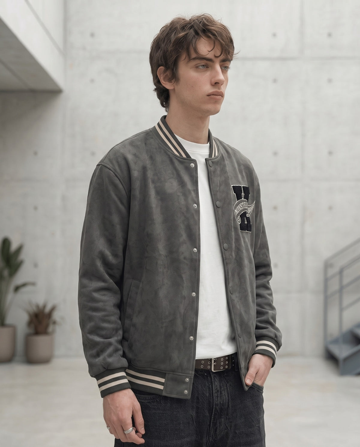 Veste universitaire grise portée de trois quarts
